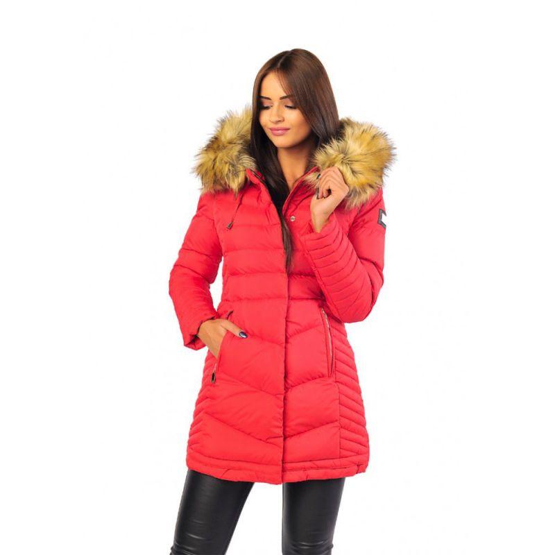 Dlhá červená dámska zimná bunda s kapucňou a kožušinou